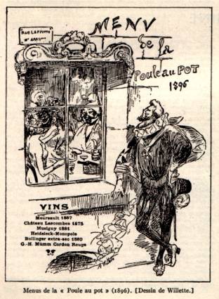 Menu de la "Poule au pot" (1826) Dessin de Willette.