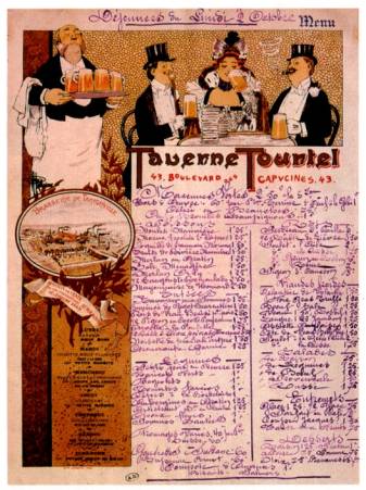 Menu de restaurant, dessiné par Guillaume, pour la taverne Tourtel du boulevard des Capucines - Musée des Arts décoratifs - Paris