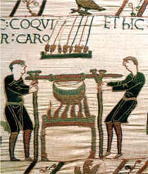 Tapisserie de reine Mathilde (1080) - Cuisiniers faisant cuire des viandes dans une marmite - BAYEUX