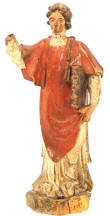 Statuette en bois polychrome représentant un Saint tenant la Bible et vêtu en habit de prêtre, très certainement Saint Valentin, le Saint patron des jeunes à marier, d'époque XVIIIe.