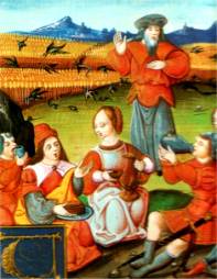 Repas dans la campagne, miniature d'une bible latine de l'abbaye de St Amand 1526-1559. Bibliothèque de Valenciennes.
